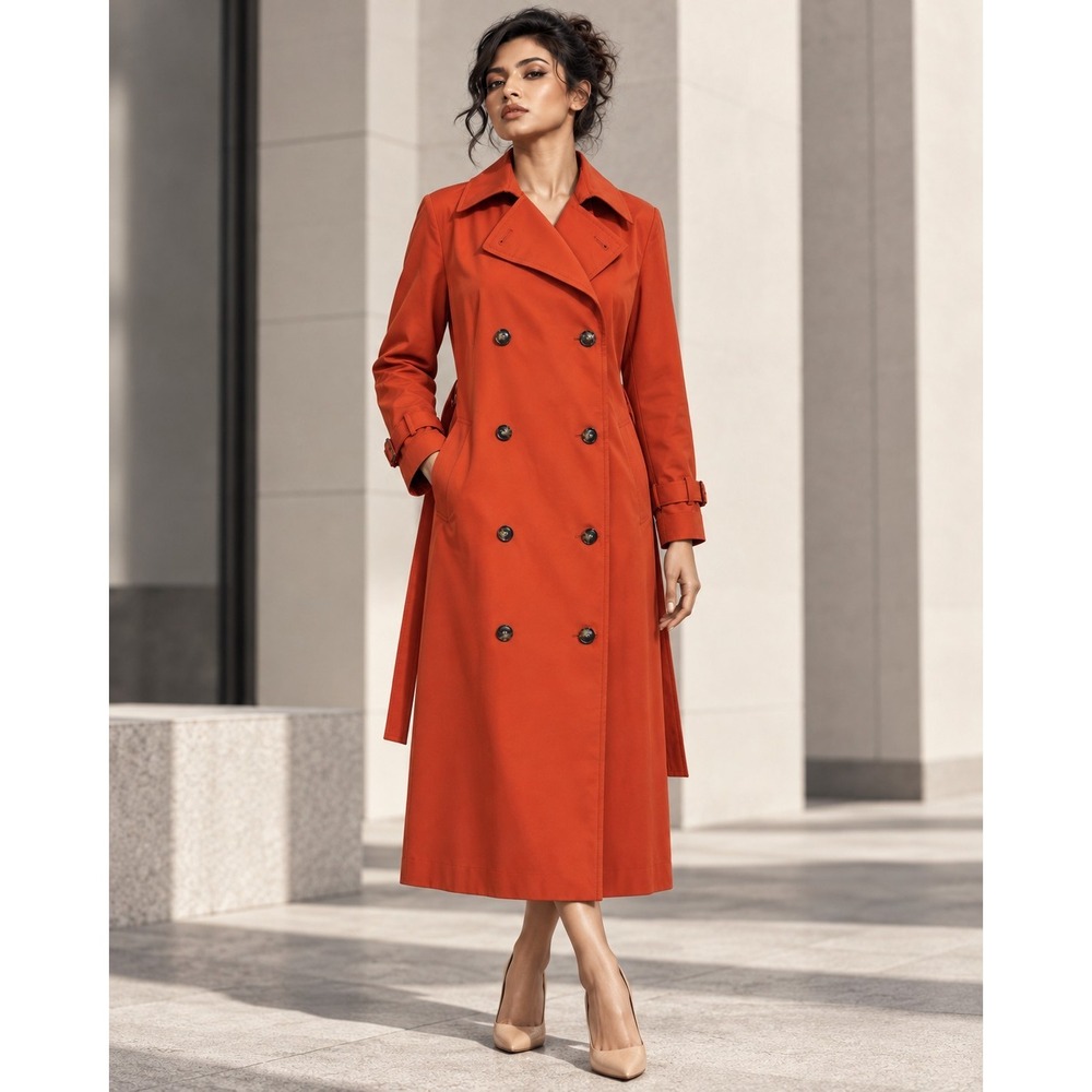 H&M Womens Orange Double Breasted Belted Long Trench Coat XS P/N 11152047